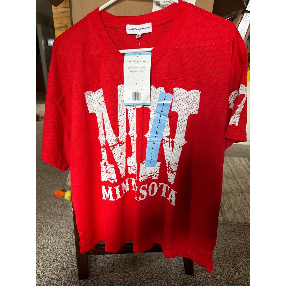 State of Mine Minnesota Red Mesh Football Jersey Graphic T-Shirt Large NEW